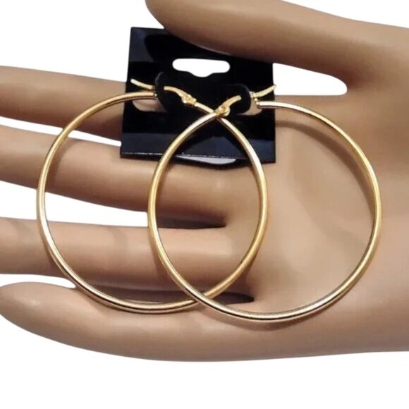 2 Inch 50mm Thin Hoop Pierced Post Earrings Gold Tone 2mm Band - Picture 5 of 5